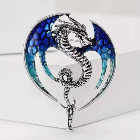 Jewelry - Dragon Fantasy Brooch Modern New Gradient Blue & Silver Tone